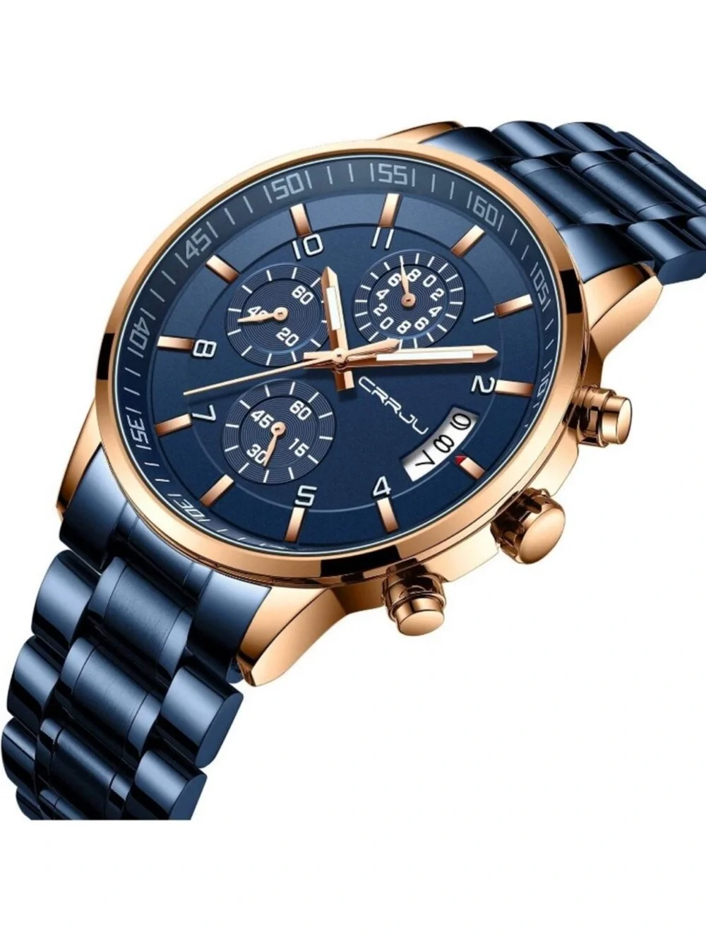Men's Blue Rose Gold Analog Stainless Steel Waterproof Chronograph Wrist Watch